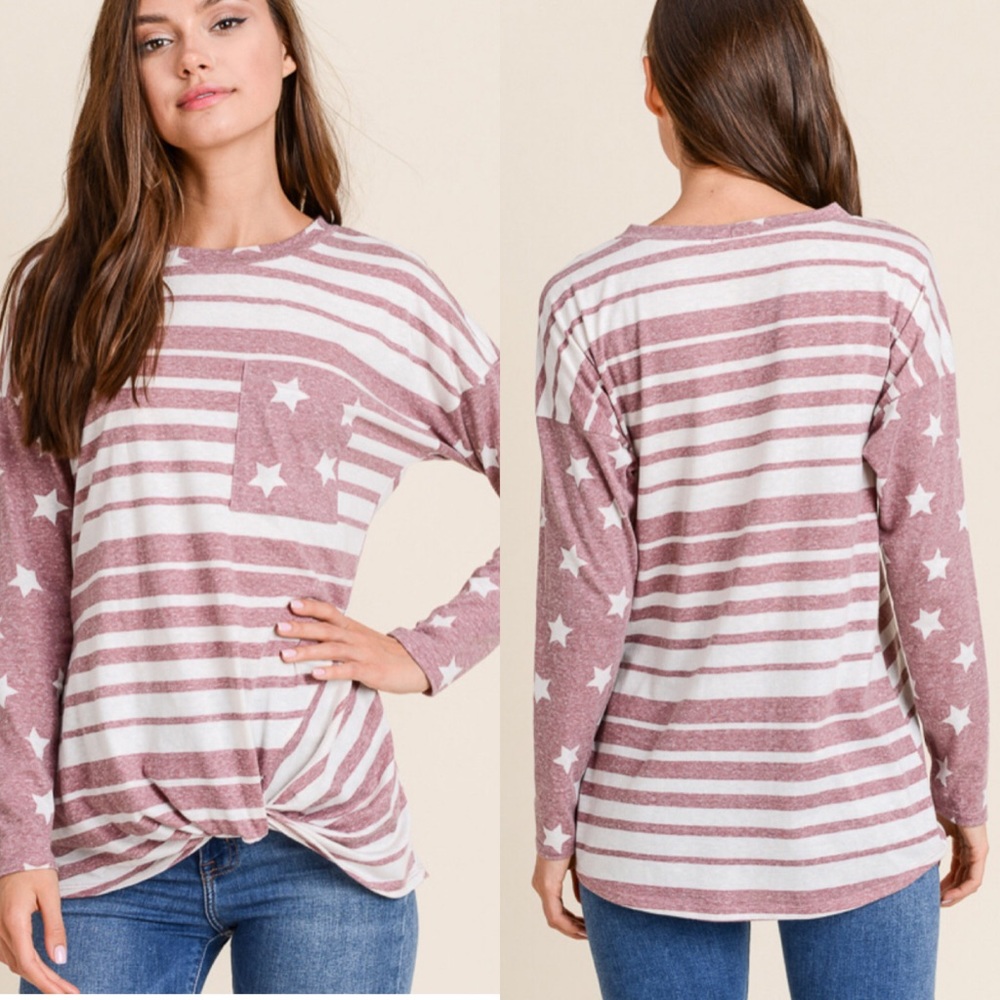 Front Knot Star Print Long Sleeve Top - Picture 2 of 3